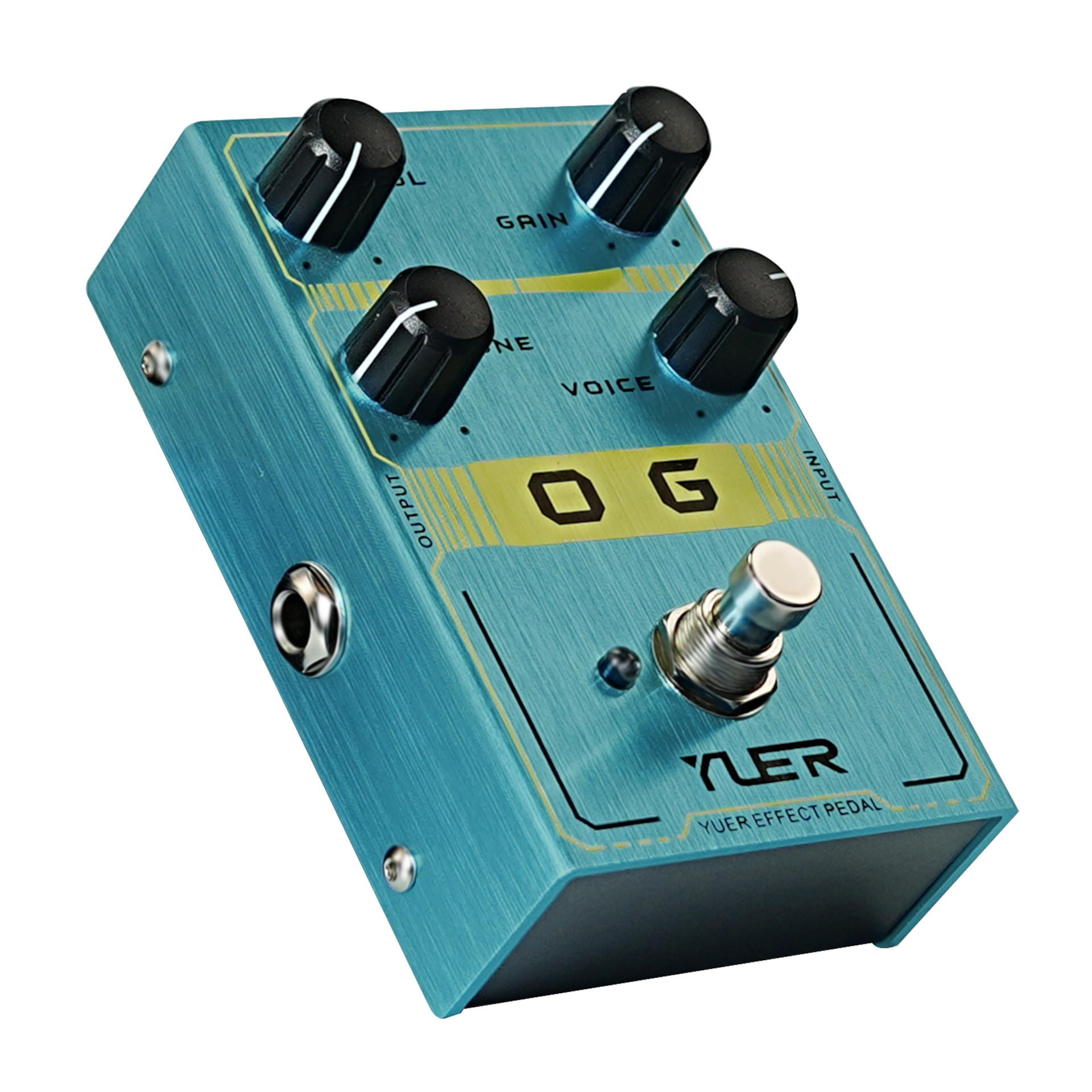 Gitarreneffektpedal, Metallgehäuse, türkis, Drehregler, Fußschalter